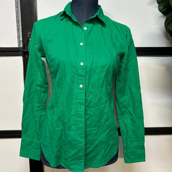 J. Crew "Perfect" Green Linen Blend Blouse Shirt, Size 00 - Picture 1 of 4